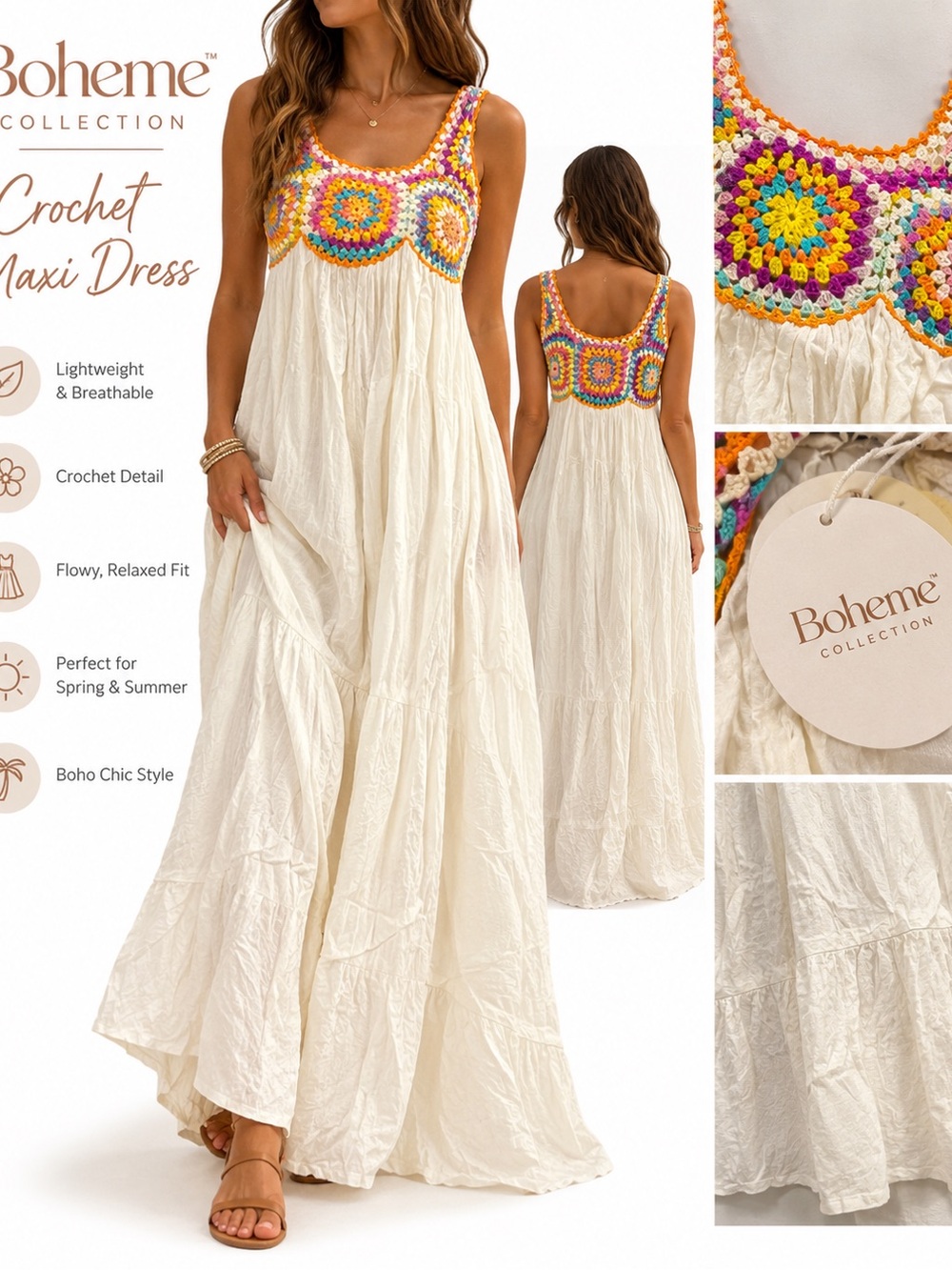 Nordstrom Boheme Crochet Maxi Dress - Cream with Multicolor Yoke